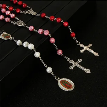 Religinių crystal rose Fatima rožinio kryžiaus karoliai. Fatima rožinio švč kryžiaus karoliai. 8 mm. 48 vienetų