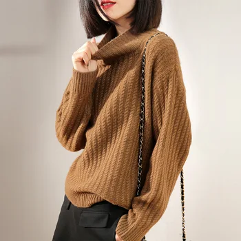 Rudenį ir žiemą naujas puse aukštas kaklas storas vilnonis megztinis moterų megztinis trumpas prarasti twist megztinį megzti marškinėliai