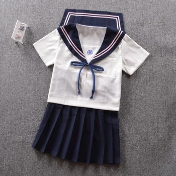Sakura Siuvinėjimo Moterų Vasaros Japonijos JK Mokyklos Vienodos: Sailor Apykaklės trumpomis Rankovėmis Palaidinė Marškinėliai+Klostuotas Mini Sijonas+Lankas