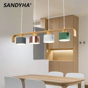 SANDYHA Modernios LED Šviestuvo Metalo Blizgesio Wood Line Virtuvės Pandent Šviesos, Valgomasis, Gyvenamasis Kambarys su Namų Dekoro Kabo Lempa E27