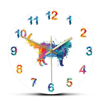 Spalvinga Numeriai Modernus Sieninis Laikrodis Akvarelė Katė Tapybos Meno Kabo Laikrodis Namų Puošybai Sieninis Laikrodis