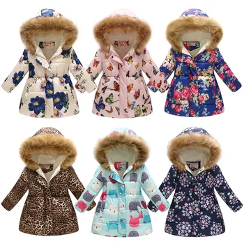 Vaikai drabužių žiemos paltai mergina spausdinami ilgai medvilnė paminkštinimas mergaičių striukės su gobtuvu vėjo storas šiltas vaikų viršutiniai 15 spalvų