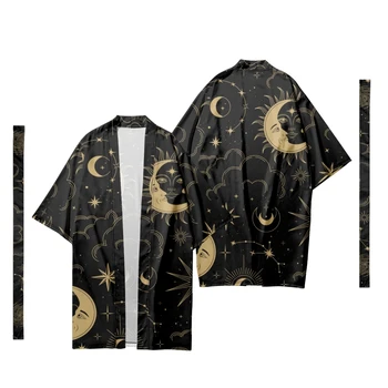 Vyriški Japonijos Ilgai Kimono Megztinis Vyrų Samurajus Kostiumo Kimono Moon Star Kosmoso Modelį, Kimono Marškinėliai Yukata Striukė 10