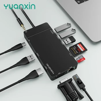 YUANXIN 11-in-1 C Tipo HDMI 4K PD 100W HUB USB 3.0 RJ45 VGA SD TF Reader Docking Station Nešiojamas kompiuteris Monitoriuje 