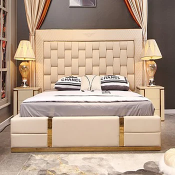 Šviesos prabangus odinis lovą, modernaus minimalizmo meistras lova, Honkongo stiliaus lovos, 1.8 m dvigubos vestuvės lova, itališkos odos