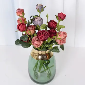 1pcs Dirbtinės Gėlės Ryškus Arbata, Rožių 3 Vadovai Šilko Rose Vestuvių Puokštė 