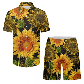 2 Gabalas Vasaros Havajų vyriški trumpomis Rankovėmis Marškiniai Nustatyti Gėlių Spausdinti Atogrąžų Mygtuką Žemyn Marškiniai ir Šortai Nustatyti Atostogų Drabužiai