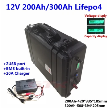 2000 ciklų 12V 200Ah 300Ah Lifepo4 baterija 12v su BMS 4S 12v velkamosiomis motorinių saulės sistemos maitinimą+20A Įkroviklis