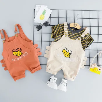 2019 Vaikų drabužių berniukas kūdikių vasaros kostiumas dryžuotas dviejų dalių trumparankoviai marškinėliai, šortai dirželis