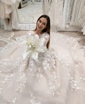 2020-Line Vestuvių Suknelė ilgomis Rankovėmis 3D Gėlės paprasta Nuotakos Suknelė Princesė Ilgai Boho Vestuvių Suknelė Vestidos de novia