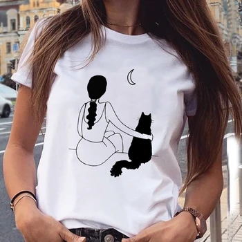 2021 Grafinis Letena Šuo Meilė Stiliaus Animaciją Kačių Mados Estetinės Gyvūnų Trumpomis Rankovėmis Spausdinti Moterų Drabužiai Viršūnes Tees Marškinėlius (T-Shirt