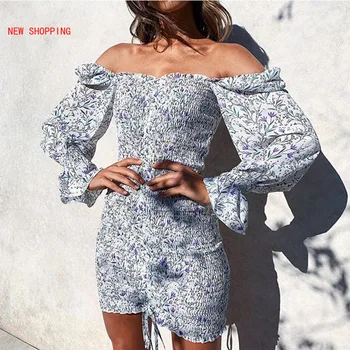 2022 Madinga Kvadratinių Kaklo Gėlių Spausdinti Suknelė Moterims ilgomis Rankovėmis Bodycon Mini Suknelė Boho Paplūdimio Suknelė Mergaitėms Šalies Drabužių