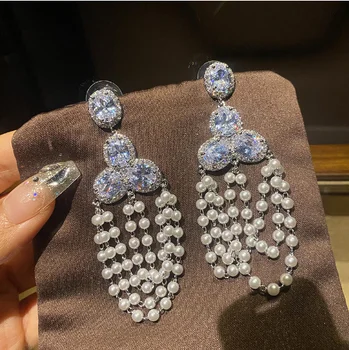 2022 Moterims Unikalus didelės apvalios deimantų, perlų kutas auskarai Ilgai madingi auskarai