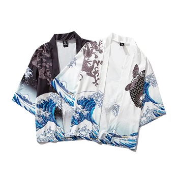2022 Naujas Bebovizi Japonijos Banga Koi Spausdinti Kimono Megztinis Striukės, Vyriškos Mados Outwear Japonija Stiliaus Atsitiktinis Streetwear Plonu Sluoksniu 