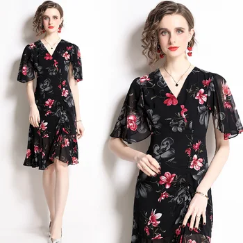 2022 Naujas Vasaros Moterų Šifono Suknelė su V-Kaklo Gėlių Spausdinti Vestido Kelio ilgis Gėlių Elegantiškas Mados Atsitiktinis Plisuotos Suknelės