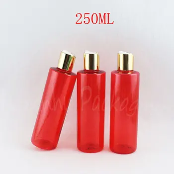 250ML Raudonas Plastikinis Buteliukas Su Aukso Diską Viršutinio Dangtelio , 250CC Šampūnas / Losjonas Pakuotė Butelis , Tuščias Kosmetikos Bakas