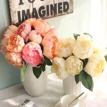 27cm dirbtinio šilko bijūnų puokštė namų puošimas, vestuvių papuošimas ranka sąlygotosios rožių puokštė modeliavimas netikrą bijūnas gėlių filialas