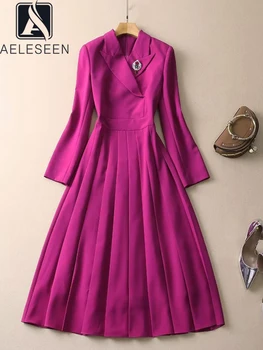 AELESEEN Mados Dizaineris Moterų Suknelė 2023 Pavasario Įpjovomis ilgomis Rankovėmis Violetinė Sagė Plonas Elegantiškas Plisuotos Ilgas Šalis