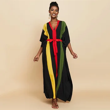 Afrikoje Kaftan Diržo Maxi Suknelė Plius Dydis Moterų Vertikalios Juostelės Spausdinti Juodos Suknelės V-Iškirpte Flowy Skraiste Elegantiškas Padengti Ups