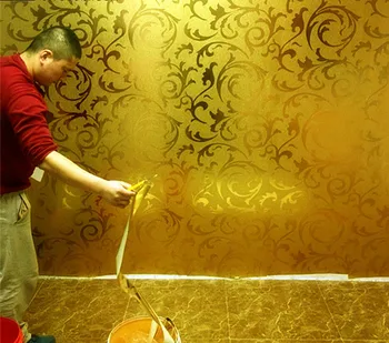 Aukso folija tapetai aukso, sidabro Europos stiliaus ranunculus vikių lapų lubų kambarį, miegamąjį, TV foną