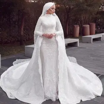 Aukšto Kaklo, Ilgomis Rankovėmis Apvalkalą Musulmonų Vestuvių Suknelė Nėrinių Hijab Vestuvių Suknelė, Su Nuimamu Traukinio 2023