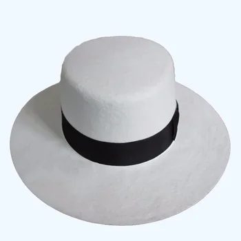 Balta Autentišką Kepurę su kontrastingos juoda apdailos juosta, Elegantiškas 100% Vilna Vintage Mados Skrybėlę