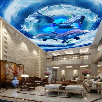 Beibehang Užsakymą lubų tapetai, freskos Bangų, delfinų lubų zenith Vaikų kambarys kambarį viešbutyje 3d tapetai papel tapiz