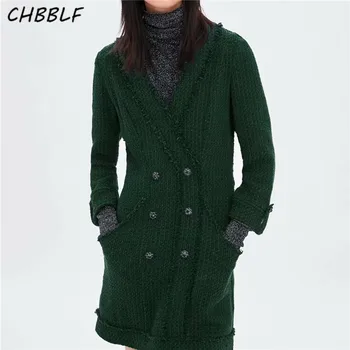 CHBBLF moterų žalia tvido V kaklo kutai suknelė kišenės ilgomis rankovėmis atsitiktinis chic žiemą storas šiltas vestidos mujer BGB8635