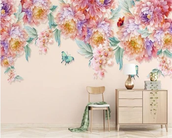 Custom 3D ranka-dažytos abstrakčiai rausvos gėlės drugelis Europos stiliaus kambarį miegamojo tapetai, TV foną, 3d tapetai