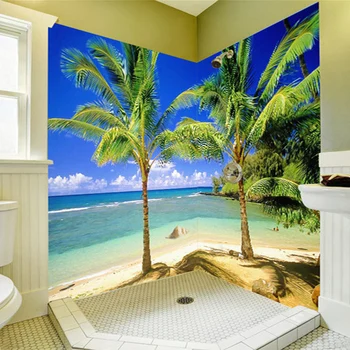 Custom 3D Tapetai, Freskos, Modernus Paplūdimio Kokoso Palmių Pajūrio Gamtos Peizažas Freska PVC, atsparus Vandeniui Vonios Sienos Fone Dokumentus