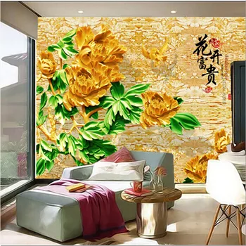 Custom papel de parede,3D stereo jade freskomis, Kinų stiliaus Auksinis Bijūnas Gėlių,gyvenamasis kambarys su sofa-lova, TV miegamojo sienos tapetai