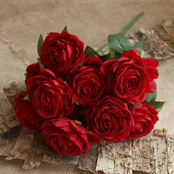 Dirbtinių Rožių Gėlių Šilko Netikrą Gėlės, Vestuvių Dekoravimas Namų Dekoro Flores Artificiales Raudona 10 Galvų Didelis Rožės Gėlių Puokštė