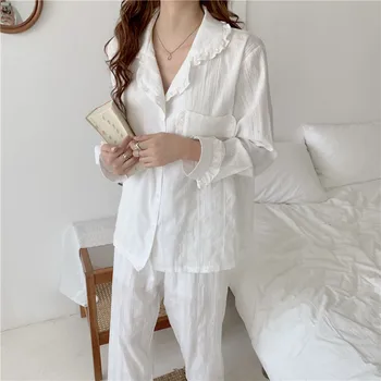 Dryžuotas Medvilnės Sleepwear Namų Kostiumas Moterims Raukiniai Pižama Nustatyti Ilgomis Rankovėmis Atsitiktinis Korėjos Pižamą Homewear Kišenių Kelnės