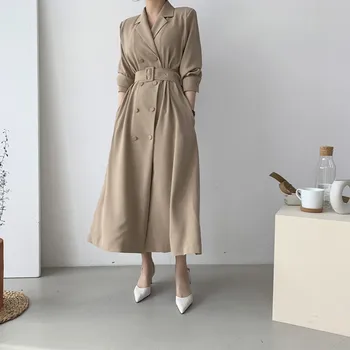 Elegantiškas Moteris Tranšėjos Paltai 2021 M. Rudens Dvigubai Breated Negabaritinių Ilgas Kailis Lady Streetwear Korėjos Outwear Kilimo Ir Tūpimo Tako Švarkelis