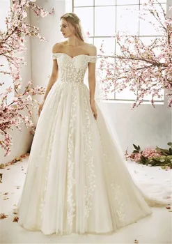Elegantiškas nuo Peties-Line Vestuvių Suknelė Romantiška Puoštas Nuotakos Suknelė Appliques Chalatas de Mariee
