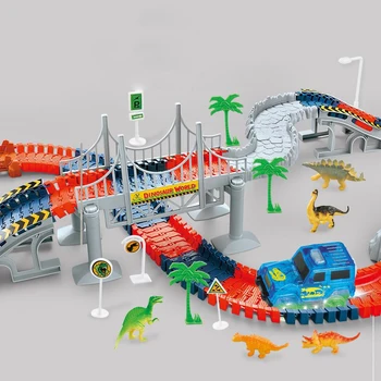 Elektros Purškimo Dinozaurų Sekti Automobilio Vėžės Geležinkelio Žaislas Lankstūs Kelio bolidą Magija Elektros Flash Lengvųjų Automobilių Žaislai Vaikams Dovanų