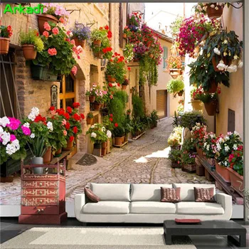 Europos miestų sienų tapetai gyvenamasis kambarys su sofa-lova, TV foną Amerikos šalyje, sodas raudonų plytų miesto, 3D restoranas, kavinė
