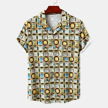 Geltona Vyrų Ledo Šilko Vasaros Trumpas Rankovės Marškinėliai Geometrinis Plaids Modelis Havajų Paplūdimyje Vyrų Marškinėliai Atsitiktinis Palaidinė Vyrams