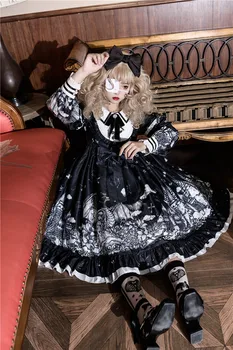 Gotikos rūmuose, saldus princesė lolita suknelė vintage falbala aukšto juosmens spausdinimo viktorijos suknelė kawaii girl gothic lolita cos loli