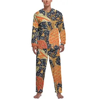 Gėlių Menas Spausdinti Pižama Pavasario Derliaus Meno Atsitiktinis Sleepwear Mens Dviejų Dalių Dizaino Ilgomis Rankovėmis Mielas Pižama Komplektas
