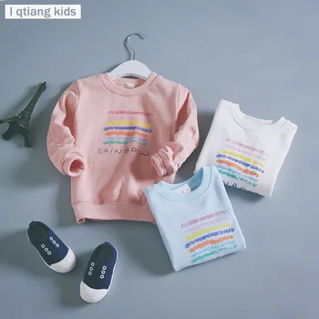 Iki 2017 m. Pavasario/Rudens Naują Atvykimo Kūdikių Mergaitės berniukai Vaivorykštė spausdinti terry megztinis animacinių filmų long sleeve T-shirt marškinėliai kūdikiams, vaikams, drabužiai