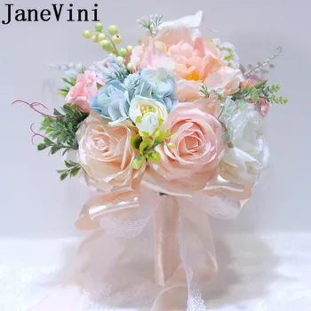 JaneVini Pink Rose Articielle Vestuvių Gėlės, Vestuvių Puokštės Dirbtinis Sagė Moterų Royal Blue Vestuvių Puokštė Nuotaka Turėtojas