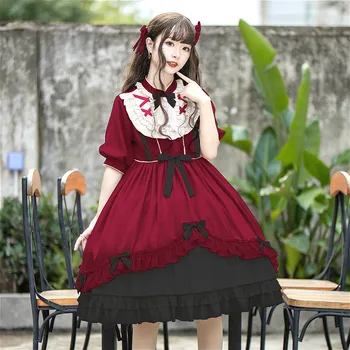 Japonijos Kawaii Girl Lolita Dress Nėrinių Stovėti Bowknot Viduramžių Kawaii Suknelė Trumpomis Rankovėmis Moterims Viktorijos Suknelė Gothic Lolita Biuras