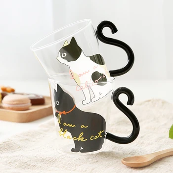 Japoniško Stiliaus Juoda ir Balta Katė Karščiui Atsparaus Stiklo Butelis Namų Kūrybos Pusryčiai Puodelio Pieno Kavos Puodelio KEDICAT