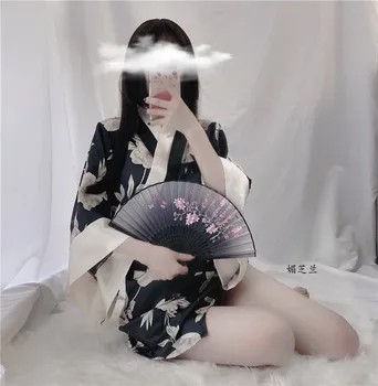 Japonų Kimono Seksualus Cosplay Apranga Moterims Tradicinio Stiliaus Skraiste Yukata Kostiumai Miego Viršūnes Pižama Minkštas Šilko Diržo Komplektas Juoda
