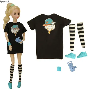 Juoda Mados Lėlės Drabužių Rinkinys Barbie Apranga 1/6 Lėlių Priedai Barbie Doll marškinėliai Suknelė, Kojinės, Batai Vaikams, Žaislai