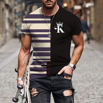 Karalius Modelis Pokerio Vyrų Stripe Marškinėliai 3D Atspausdintas Trumpas Rankovės Tees Negabaritinių Laisvalaikio Drabužių Streetwear Apvalios Kaklo Derliaus Blous