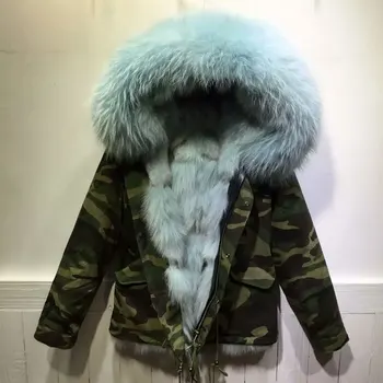 Karinio Stiliaus Parko Kamufliažas Iš Korpuso Su Blue Fox Kailio Pamušalas Žiemą Trumpos Striukės Paltai Moterims