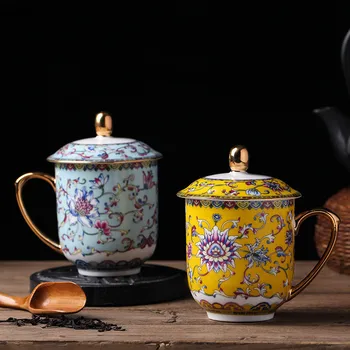 Kinijos retro keramikos emalio rankomis dažyti aukso vandens puodelis su dangteliu biuro posėdis kambarį puodelį arbatos popietės arbatos puodelio