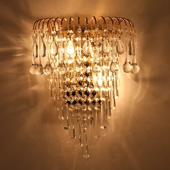 Klasikinis krištolo sietynas, sieninės šviesos aukso kristaliniai sienos sconce lempa LED fojė, gyvenamasis kambarys naktiniai stiklo kristalų sienos lempos